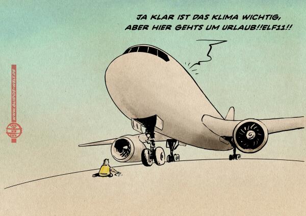 Illustration: Ein*e Klimaaktivistin hat sich auf der Rollbahn festgeklebt und blockiert einen Passagierflieger. Aus dem Flieger kommt die Stimme: Ja klar ist das Klima wichtig, aber hier gehts um Urlaub!!Elf11!!