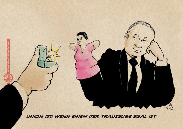 Sarah Wagenknecht als Handpuppe eines entspannt-amüsiert zurückgelehnten Putin bekommt einen Ring als Heiratsantrag dargeboten. Textzeile: Union ist, wenn einem der Trauzeuge egal ist