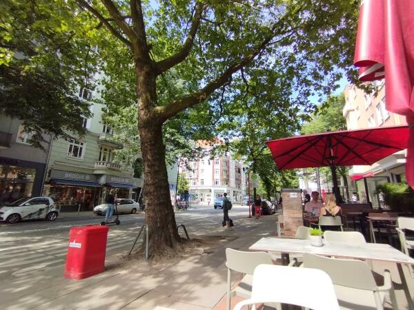 Sonnenbeschienene Straßenszene in Hamburg-Winterhude mit Kaffeehaustischen