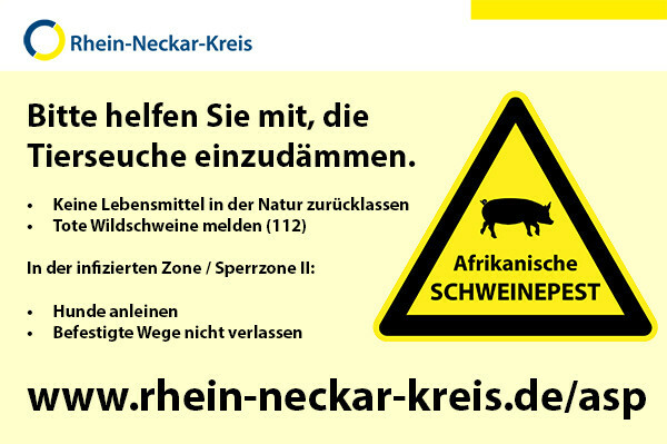 Infografik mit dem Text: Bitte helfen Sie mit, die Tierseuche einzudämmen: Keine Lebensmittel in der Natur zurücklassen | Tote Wildschweine melden (112) | In der infizierten Zone / Sperrzone II Hunde anleinen und befestigte Wege nicht verlassen. www.rhein-neckar-kreis.de/asp