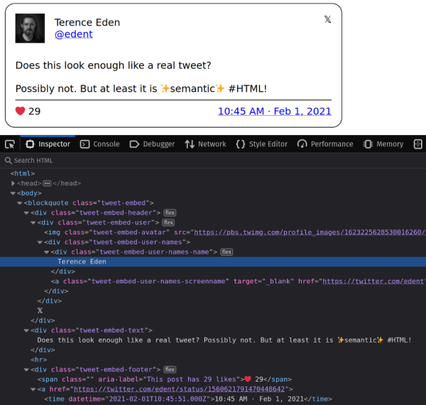 Screenshot of an HTML page and source code.