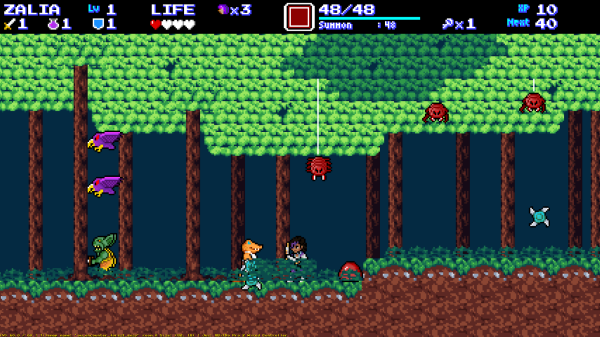 Pixel art forest scene of a Zelda II-like action-adventure game. The hero, Zalia, stands in thick brush under a forest canopy, surrounded by enemies.