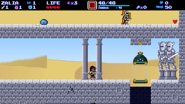 Castle scene. Zalia approaches an elevator leading down into the depths of a gray stone temple in the middle of the desert.