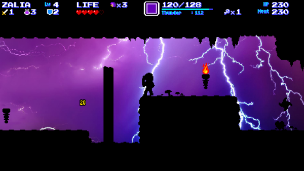 Inside a cave, Zalia has cast a Thunder spell, filling the background of the screen with a purple lightning storm and turning the scenery silhouette-black