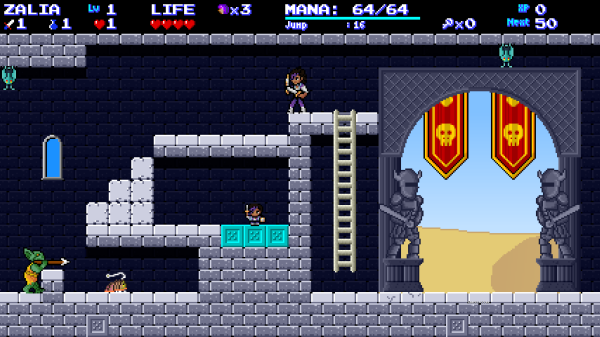 Zalia stands inside the aforementioned grey stone fortress. A large archway opens up into the desert outside. Several enemies wait below. A 1up doll sits inside an inaccessible alcove blocked by blocks.