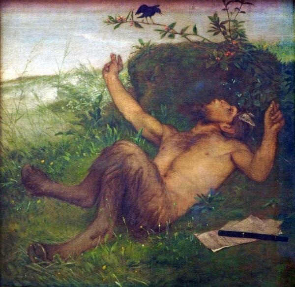 Arnold Böcklin: Faun, einer Amsel zupfeifend 
Zweite Version, 1864/65 
Öl auf Leinwand, 48,8 cm × 49 cm 
Niedersächsisches Landesmuseum Hannover 