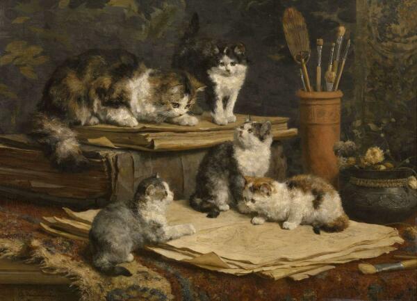 Vintage painting of a mother cat and four kittens playing on the table with old papers.
