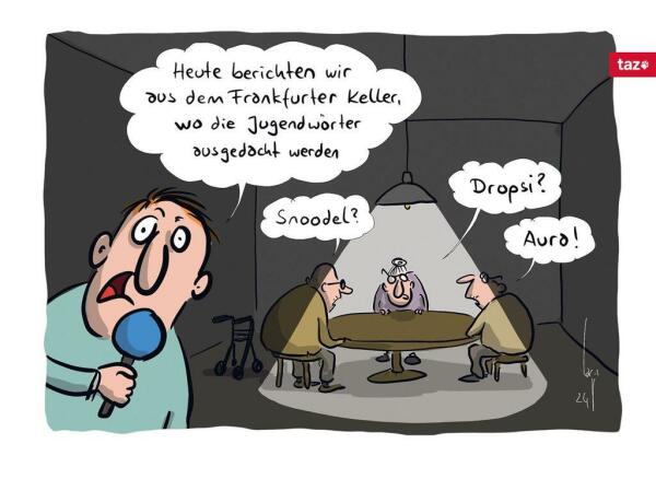 Ein Reporter spricht in die Kamera: "Heute berichten wir aus dem Frankfurter Keller, wo die Jugendwörter ausgedacht werden." Hinter ihm sitzen zwei alte Herrn und eine Frau mit den Ausrufen: Snoodel? Dropsi? Aura!