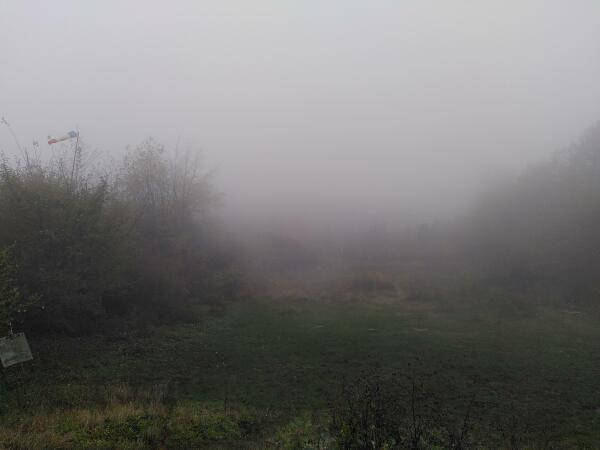 "Blick" vom Königstuhl ins Tal, der direkt in Wolken geht. Links eine Windfahne.