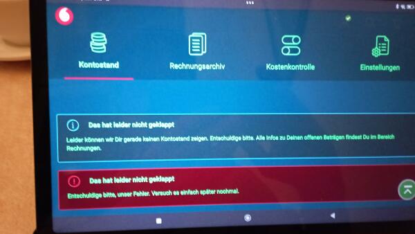 Screenshot vom Tablet, die Webseite "sagt"
Leider können wir Dir gerade keinen Kontostand anzeigen 