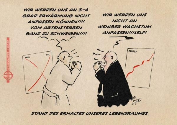 Illustration eines Wissenschaftlers und eines Bonzen, die laut und gestikulierend diskutieren. der Wissenschaftler sagt: wir werden uns an 3-4 Grad Erwärmung nicht anpassen können!!!! Vom Artensterben ganz zu Schweigen!!!!