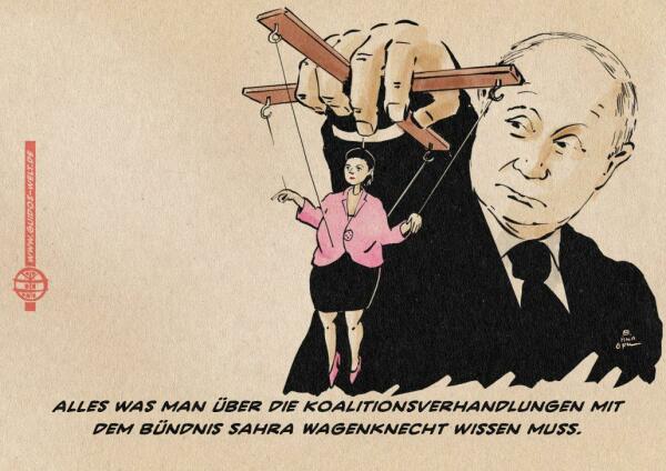 Illustration von Putin als Puppenspieler der Sahra Wagenknecht als Marionette führt. Textzeile: Alles was man über die Koalitionsverhandlungen mit dem Bündnis Sahra Wagenknecht wissen muss.