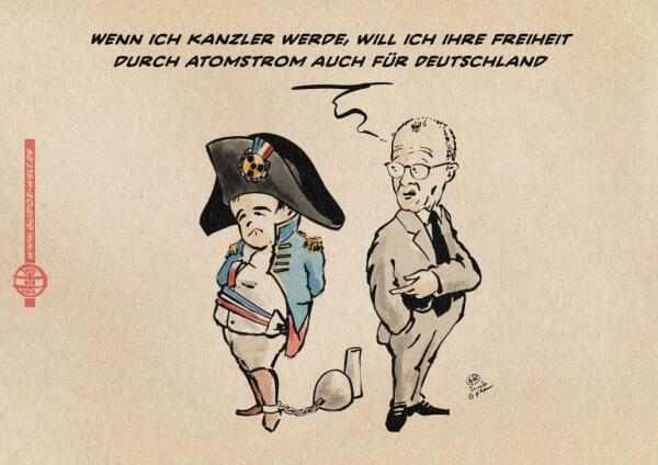 Illustration von Merz im Gespräch mit Napoleon, dessen Fuss an einen Atommeiler gekettet ist. Er sagt: Wenn ich kanzler werde, will ich ihre Freiheit durch Atomstrom auch für Deutschland.