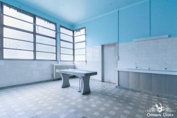 blue walls and big windows, morgue table is granite