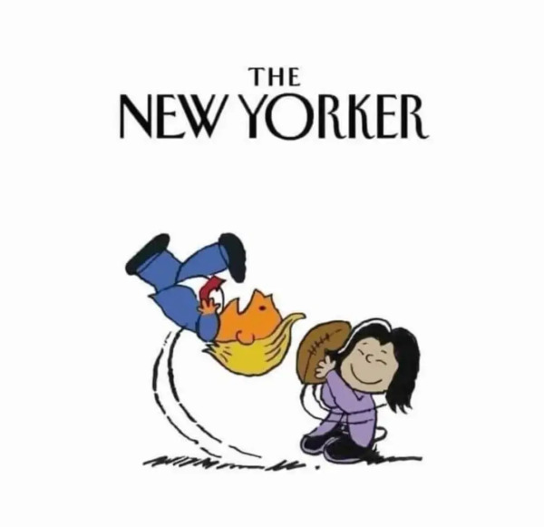 Lucy ( Kamala Harris) pulling the football away from Charlie Brown (Donald Trump) while he is trying to kick a football.