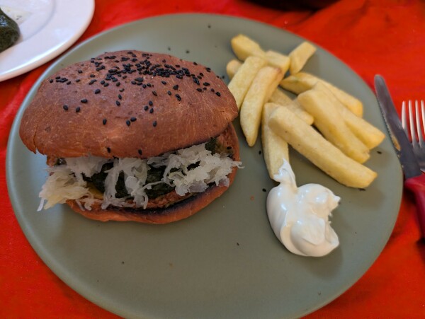 Der Teller komplett, links der Burger, rechts ein paar dicke Pommes, darunter ein Klecks Mayo