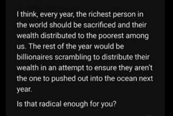 I think, every year, the richest person in
the world should be sacrificed and their
wealth distributed to the poorest among
us. The rest of the year would be
billionaires scrambling to distribute their
wealth in an attempt to ensure they aren't
the one to pushed out into the ocean next
year.
Is that radical enough for you?