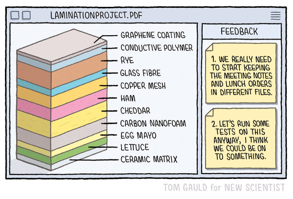 A file labelled 'Laminationproject.pdf'

The image is of a stack of layered materials, each a bright color, labelled (top to bottom) as:
Graphene coating
Conductive polymer
Rye
Glass fibre
Copper mesh
Ham
Cheddar
Carbon nanofoam
Egg mayo
Lettuce
Ceramic matrix

In a sidebar, yellow notes have been added to the file. They are labelled 'Feedback':
1. We really need to start keeping the meeting notes and lunch orders in different files.
2. Let's run some tests on this anyway, I think we could be on to something.