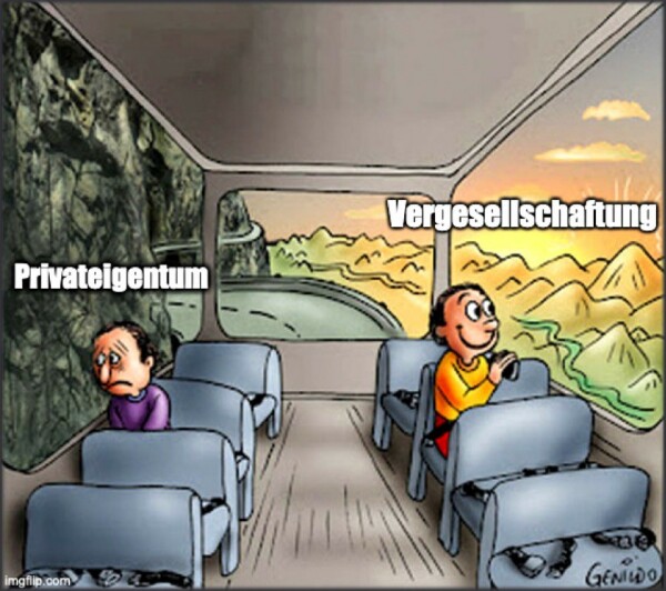 Meme mit zwei Figuren in einem Bus, die parallel zueinander und mit Blick auf die Busfenster nach links und nach rechts sitzen. Die eine starrt traurig und hoffnungslos auf eine düstere, felsige Aussicht, die zu nah an den Bergen liegt: Dort steht »Privateigentum«. Die andere blickt glücklich auf eine schöne Landschaft mit einem Sonnenuntergang: Hier steht »Vergesellschaftung«.