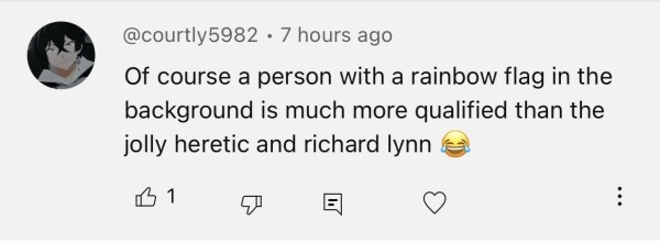 YouTube comment screenshot: 
@courtly5982 • 7 hours ago
Of course a person with a rainbow flag in the background is much more qualified than the jolly heretic and richard lynn