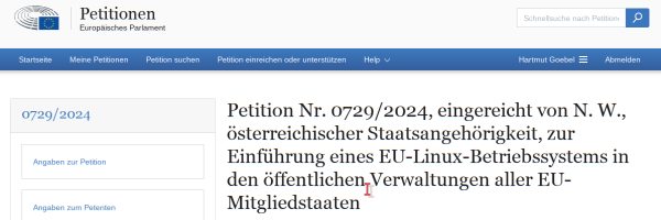 Screenshot der Website des Petitions-Portals des Europaparlament mit der Petition.