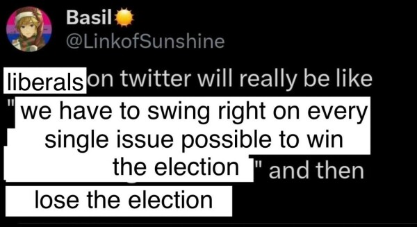 A screenshot of a fake tweet reading “liberals on Twitter will really be like 'we have to swing right on every single issue possible to win the election' and then lose the election”