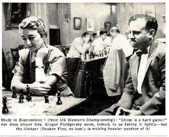 Jacqueline Piatigorsky expressionlessly studies a chess position while Reuben Fine sits beside her and grimaces.