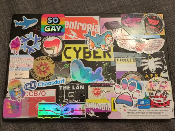 a laptop full of nixos, trans, blahaj, software and hackerspace stickers