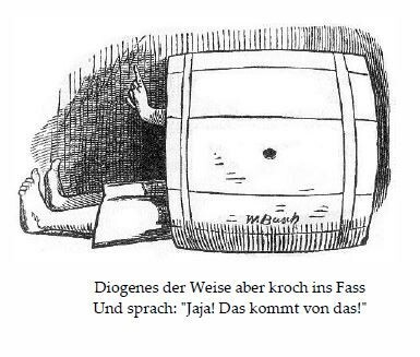 Diogenes in der Tonne. Zeichnung von Wilhelm Busch. 