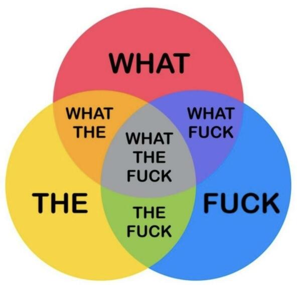 Venn diagram with 3 circles: red circle says "what", yellow says "the" and blue circle says "fuck". Overlapping areas change colour e.g. yellow and blue become green and say "the fuck". In the middle all circle overlap and it says "what the fuck" on grey background.